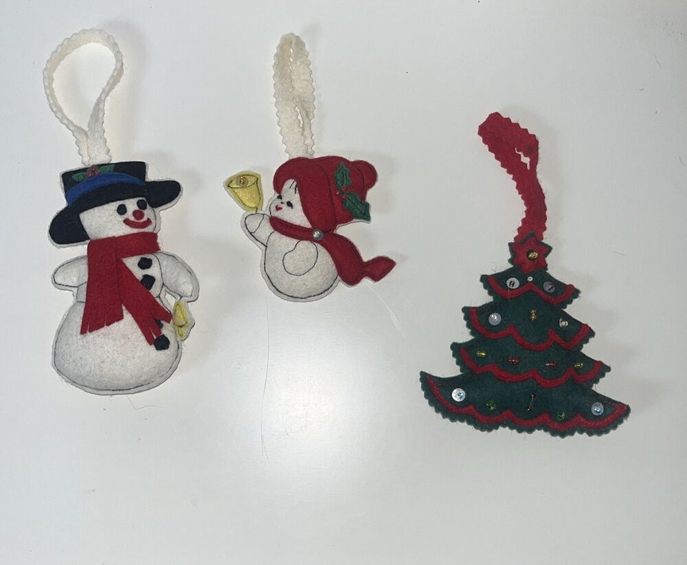 3 vintage christmas felt ornaments Handmade Snowman’s , Christmas Tree